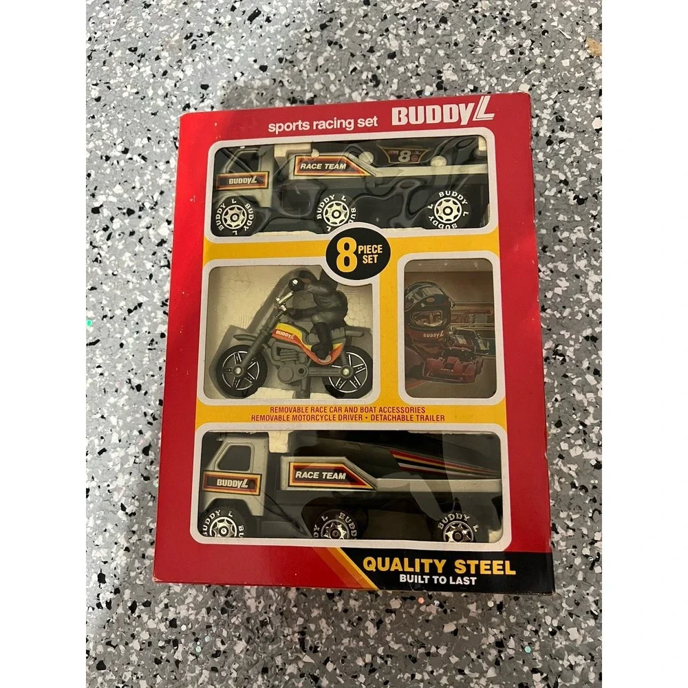 Buddy L Sports Racing Set 8 Piece Steel Truck Boat Motorcycle Vintage w/ Box
